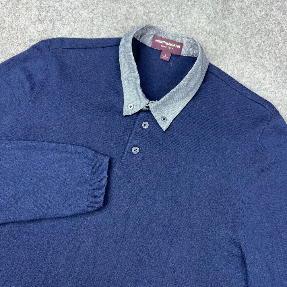 Johnston & Murphy Sweater Mens Large Blue Silk Alpaca Long Sleeve Polo Pullover‎